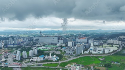 Aerial Drone View of Advanced Semiconductor Chip Manufacturing Plant and Industrial Complex in Icheon, South Korea
