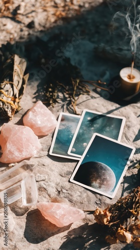 A minimalist ritual altar with rose quartz, clear quartz, and celestial tarot cards on sunlit stone. Dried herbs, sage, and incense evoke calm spiritual energy in warm natural light.