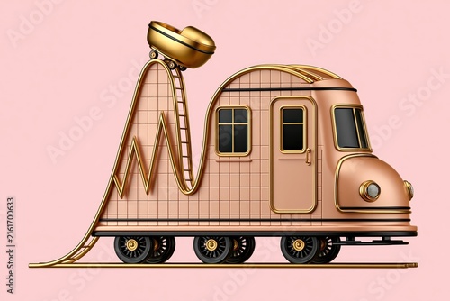 Surreal camper van on roller coaster track with minimal pink background