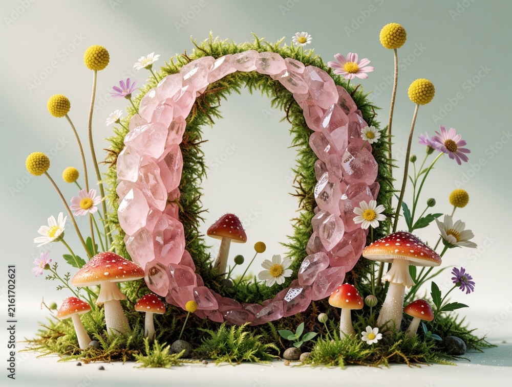 Naklejka premium Letter O formed by moss, pink crystals, and forest plants. Tiny red mushrooms and daisies surround the natural alphabet symbol. Whimsical, organic letter art for fantasy themes.
