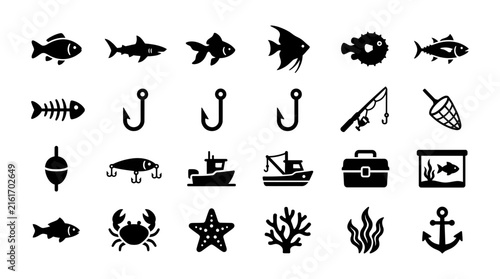 Fishing icons in flat design with black and white silhouette for web and print