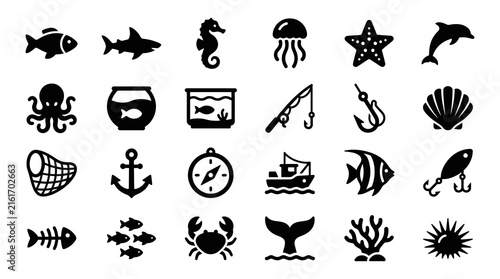 Marine life icons in flat design with black and white palette for nautical or ocean-themed projects