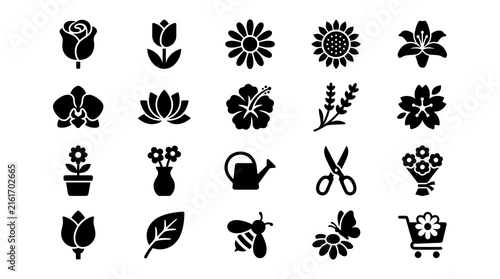 Floral icons in silhouette style with black and white contrast for graphic design elements.