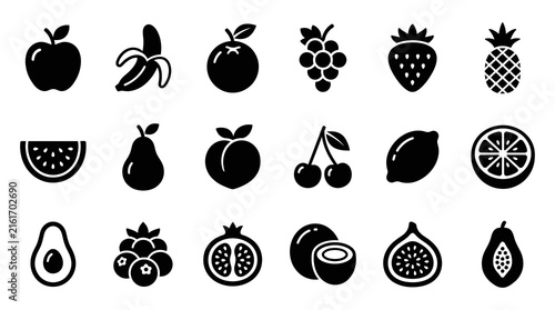 Fruit icons in flat design with black and white contrast for healthy eating and food branding.
