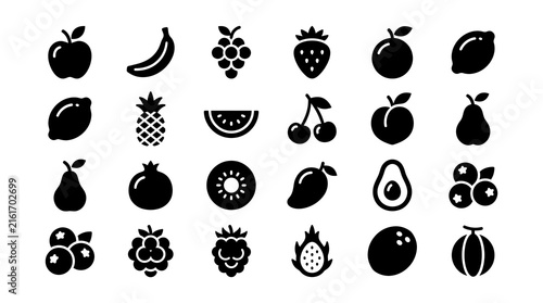 Fruit icons in silhouette style on white background for healthy eating graphics