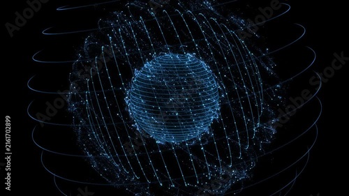 Futuristic blue particle globe networks, luminous nodes, flowing digital connections. generative intelligence, automation, cyber security, financial technology, data transfer, research, innovation