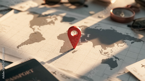 Red location pin on a simplified world map representing international travel, tourism, destination selection and vacation planning
