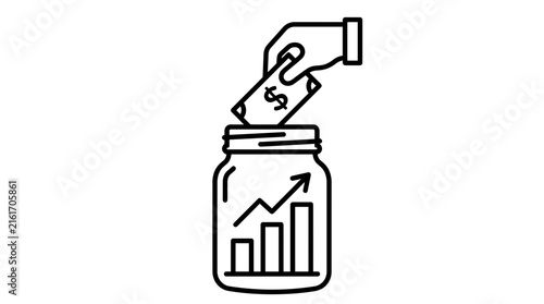 Minimalist vector illustration showing a hand depositing cash into a clear glass jar with growth charts