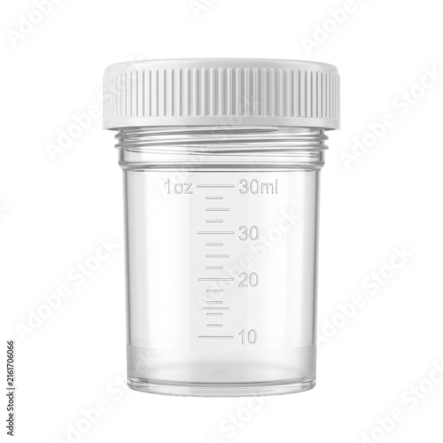 Fotografía Clear plastic medical measuring container with cap on transparent background