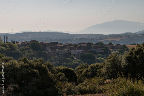 Hazy Mountain Panorama of Rural Spanish Village at Golden Hour