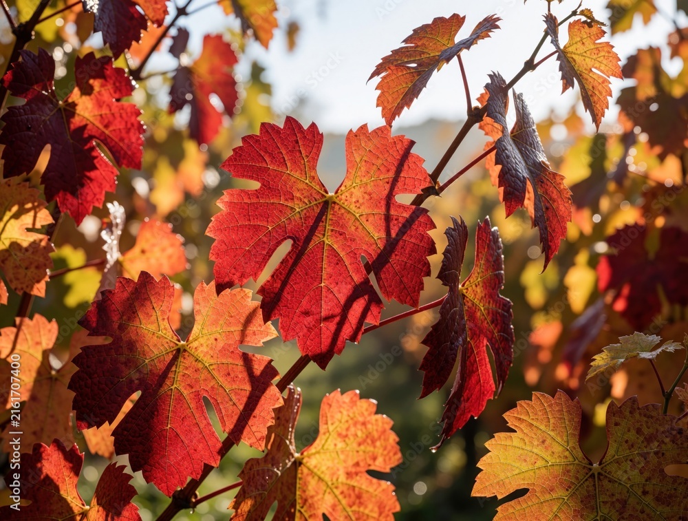 Naklejka premium Autumn grape leaves in bright red and orange hues. Water droplets on foliage, illuminated by sunlight. Vine branches against a soft green bokeh background.