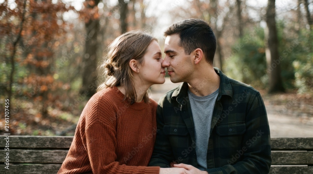 Fototapeta premium Young couple leaning in for a kiss on a park bench. Man and woman sharing an intimate moment outdoors in autumn. Romance and dating concept