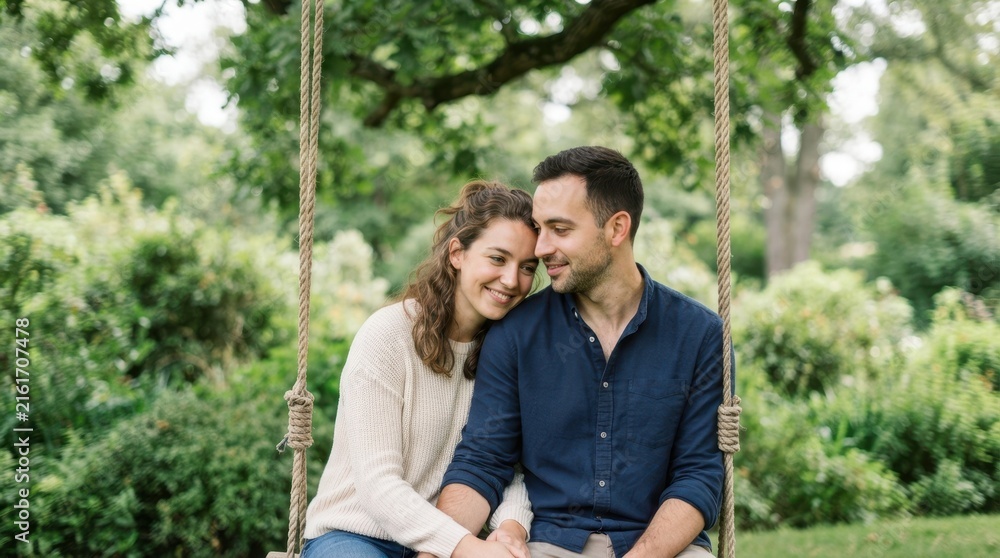 Fototapeta premium Happy couple sitting together on a wooden swing. Smiling woman resting her head on man's shoulder in a lush green park. Romantic outdoor leisure concept