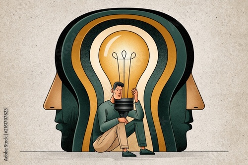 Creative thinking concept illustration with glowing lightbulb and mind
