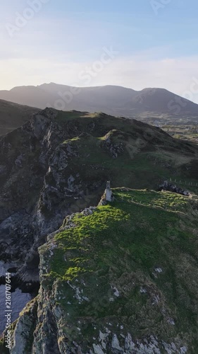 Aerial view of the remaining wall of the old coastguard station in Teelin, County Donegal, Ireland