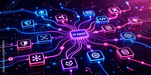Futuristic AI Agent Network With Glowing Neon Connections, Digital Application Icons and Intelligent Automation Hub Creating an Advanced Artificial Intelligence Background