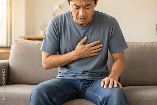 Asian man sitting on a sofa feeling chest pain and clutching his chest with his hand due