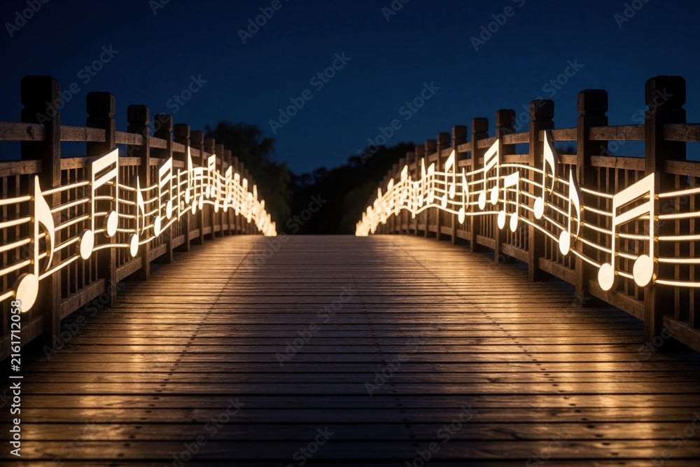 Naklejka premium Wooden bridge decorated with glowing musical notes at night. Bright melody lights form pathway along dark railing. Magic sound art creates dreamy atmosphere in park. Fantasy concept of music,