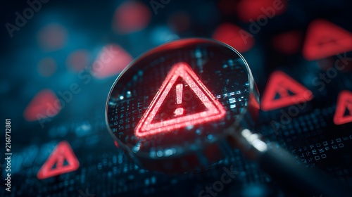 close-up magnifying glass revealing red exclamation triangle over code