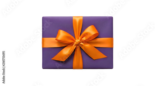 A rectangular gift box wrapped in purple paper with a vibrant orange ribbon and bow, isolated on transparent background