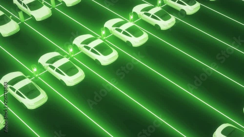 Futuristic Electric Cars Charging Along Glowing Green Smart Mobility Network