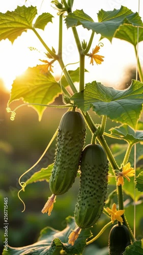 Closeup of fresh cucumbers hanging on a vine in a sunlit garden at sunset with yellow blossoms and green leaves