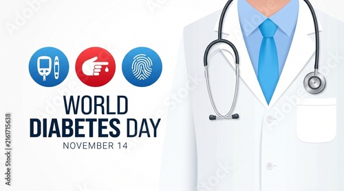 World diabetes day conceptual image with physician in white coat and stethoscope alongside medical icons for health awareness on November fourteenth medical event.