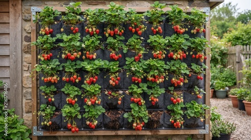 Sustainable Home Gardening with Vertical Planter Wall Growing Fresh Red Strawberries