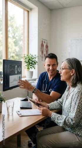 Doctor And Patient Discussing Medical Results On Screen Together In Clinic
