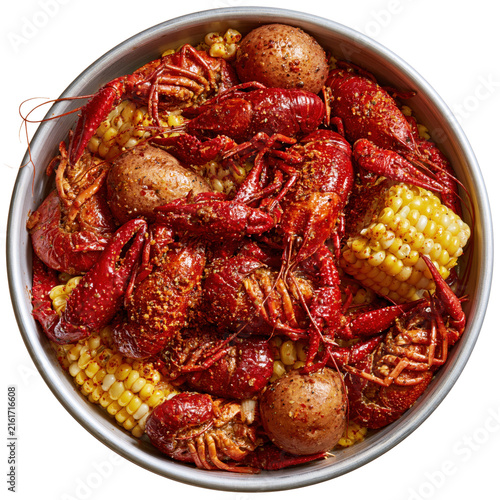 Crawfish boil with corn and potatoes in