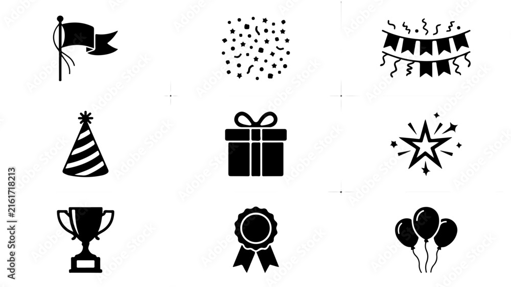 Naklejka premium Celebration-themed icons show party elements like a flag, confetti, balloons, trophy, gift, and ribbon.