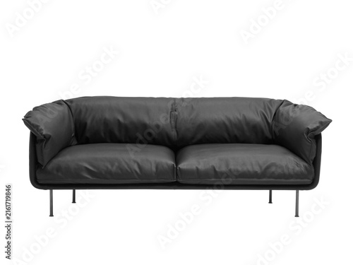 Modern black leather sofa with thin metal legs isolated on white background