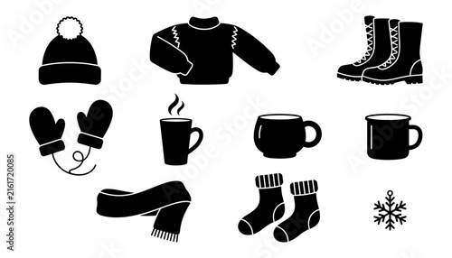 Winter Apparel and Cozy Comfort Silhouette Icon Set with Warm Clothes Sweater Boots Mittens Scarf Socks and Hot Beverage Symbols for Graphic Design