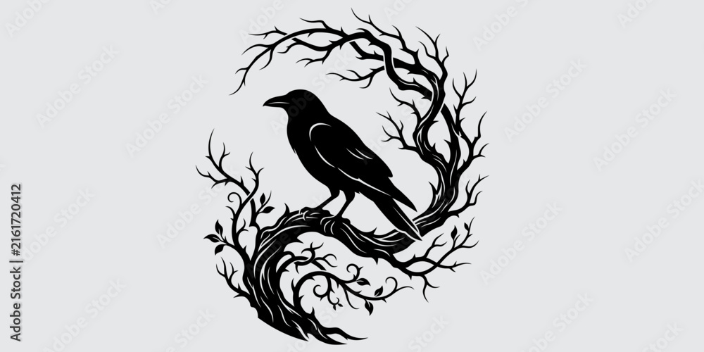 Fototapeta premium Raven on Twisted Branch Silhouett