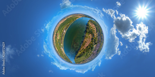 Little Planet Aerial View of the Rhine River near Sändchen Island, Nackenheim