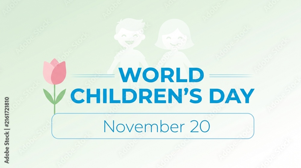 Fototapeta premium World children day poster template with soft green background and simple line art silhouettes of boy and girl for november twentieth awareness holiday event.