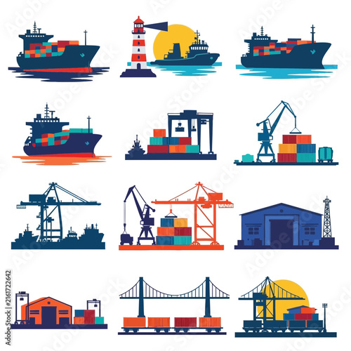 Maritime shipping logistics and container port icons.