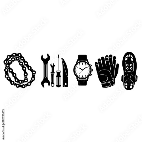 Mechanical gear and safety equipment icons including wrench and gloves.