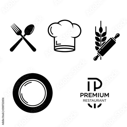 Minimalist black restaurant and bakery icons on white.