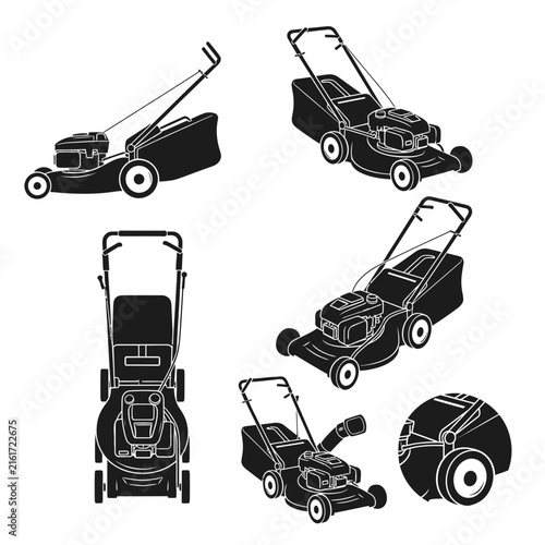 Modern push lawnmower silhouettes from multiple angles.