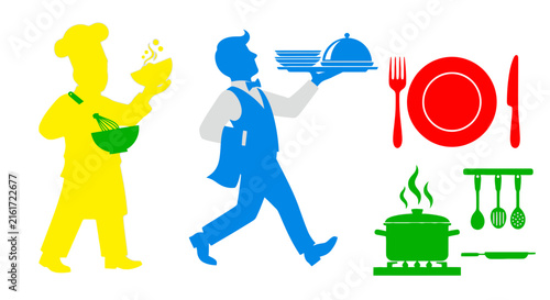 Minimalist colorful silhouettes of chef waiter and kitchen icons on white background