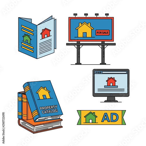 Real estate marketing and property advertising icons.