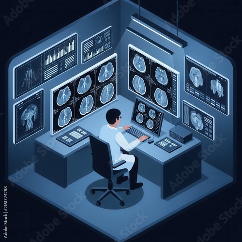 Doctor Analyzing Medical Scans In High-Tech Diagnostic Room