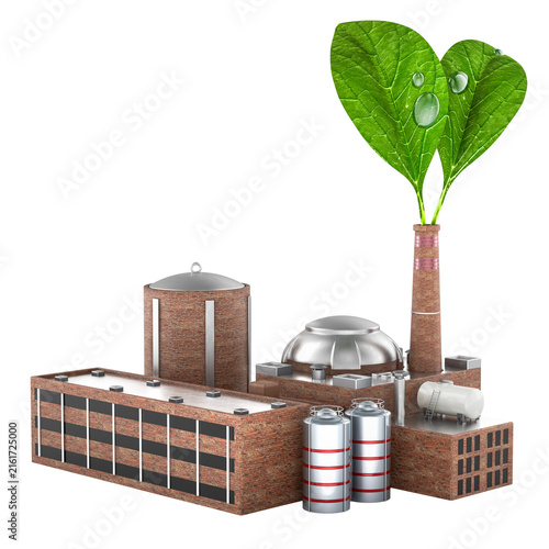 Green factory with leaves for sustainable industrial production. 3D rendering