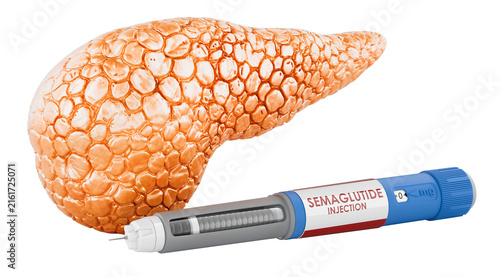 Pancreas with semaglutide injection pen for diabetes treatment. 3D rendering