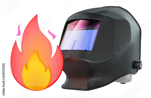 Welding helmet with flame icon. Welding safety, hot work protection, industrial fire hazard prevention, concept. 3D rendering