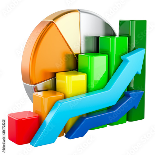 Business growth chart with upward arrows and financial analytics. 3D rendering