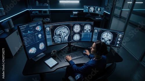 Doctor Analyzes Brain Scan Data In Modern Medical Laboratory