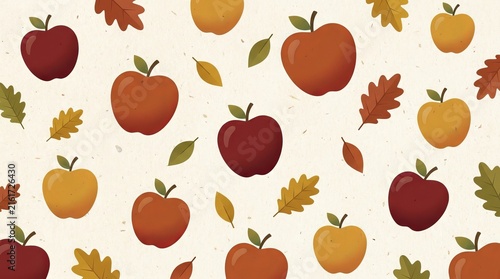 Red and yellow apples with autumn leaves pattern on white background. Fall harvest season themed backdrop. Botanical flat illustration for seasonal greeting card and home decor design.