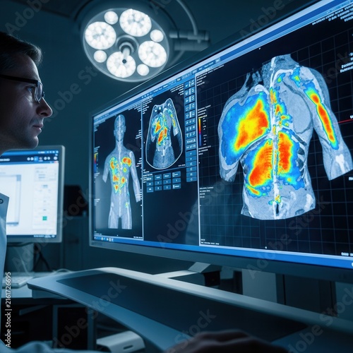 Doctor Analyzing Advanced Medical Scan Data On A Large Computer Screen